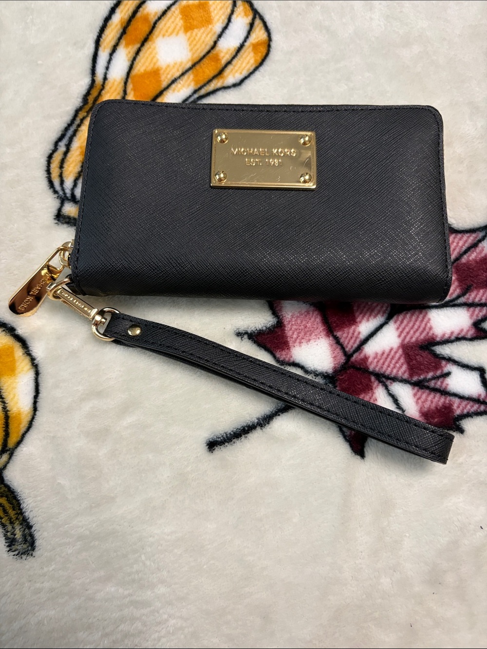 Michael Kors Black Leather Wristlet with Gold Plaque